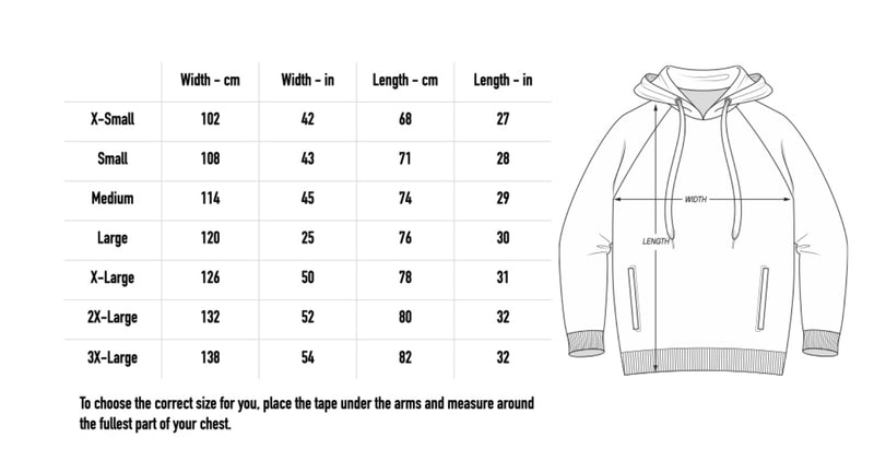 Size chart for Emblem Hoodie - Black