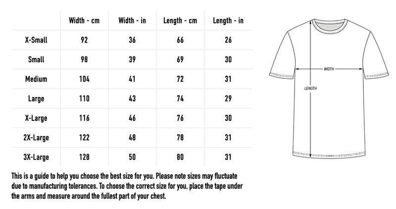 Size chart for Thorn Hands Tee - Black